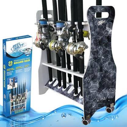 Rush Creek Creations Reel Salty Waterproof Marine Grade 16 Rolling Fishing Rod Holder Dock/Garage Storage Rack, Father's Day Gift, Gift for Dad and Grandpa, Gray/White, 29.8" L x 11.6" W x 30.9" H - style: Rolling Rod Rack