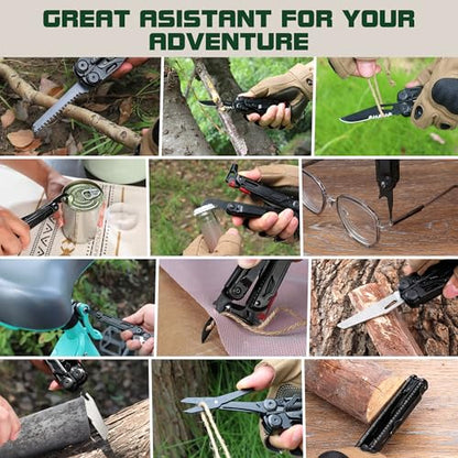 MOSSY OAK Multitool, 19-in-1 Stainless Steel Multi Tool Pliers, Survival Tools with Fire Starter, Window Breaker, Whistler, Self-locking EDC Gear with Sheath for Outdoor, Survival, Camping, Hiking - style: 19-in-1 with Fire Starter & Whistle
