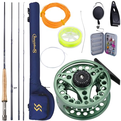 Sougayilang 5/6 Weight 9ft Fly Rod, 4-Piece Graphite Rod, Die Cast Aluminum Reel, Carrying Case, Fly Box & Fishing Flies Combo Starter Kit - color: Fly Fishing Combo #5-Green