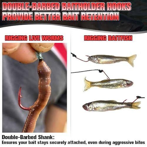 Baitholder Fishing Hooks 100 Pack - Double-Barbed Long Shank for Bluegill Bass Trout Walleye Black/Red, 8/0-#8 - color: 1-Red, size: Size:4 100-Pack