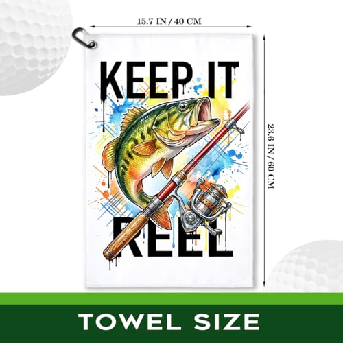 Keep It Reel Polyester Printed Towel with Clip, Funny Bass Fish Fishing Gifts & Accessories for Men Fishman Dad Grandpa from Grandaughter, Fishing Lover Father's Day Retirement Birthday Gifts - color: White & Multi