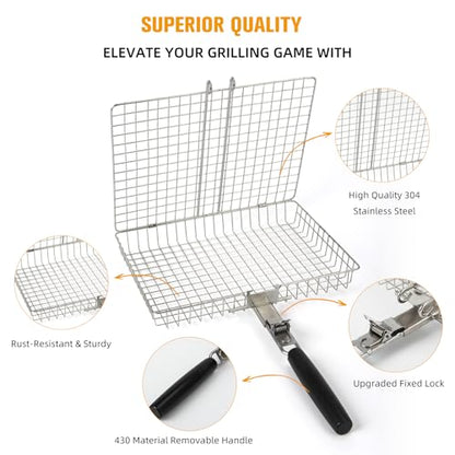 Grill Basket for Outdoor with Removable Handle,Stainless Steel BBQ Camping Cooking Accessories Tools for Meat Steak Fish Vegetable Shrimp, Gifts for Men Dad Husband