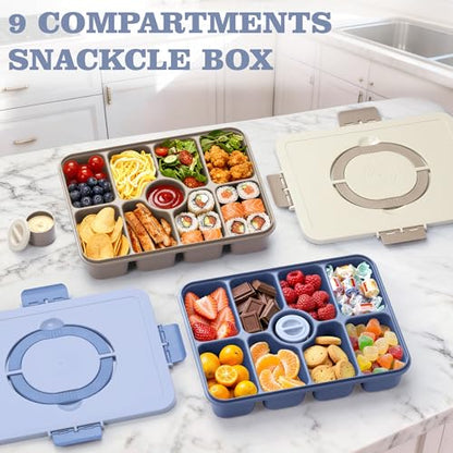 Snackle Box Container, Divided Serving Tray with Lid and Handle, 9 Compartments Snack Box Container for Adults, Portable Charcuterie Serving Platter for Candy Fruit, 9.9 Cups, Dark Blue - color: Dark Blue