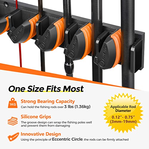 PLUSINNO V9 Vertical Fishing Rod Holders, Wall Mounted Fishing Pole Holders, Fishing Rod Rack Holds Up to 9 Rods or Combos, Fishing Rod Holders for Garage,Fishing Gear and fishing Gifts for Men - style: Orange 1-pack (store 9 combos)