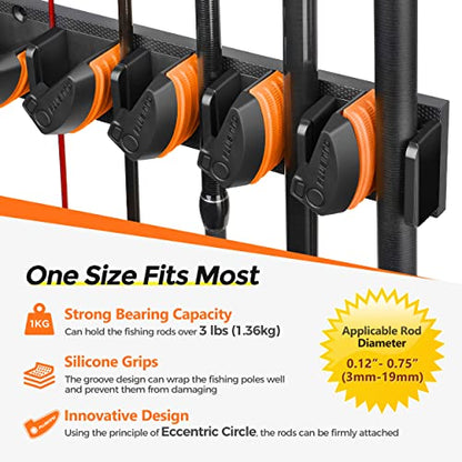 PLUSINNO V9 Vertical Fishing Rod Holders, 2 Packs Wall Mounted Fishing Pole Holders, Fishing Rod Racks Hold Up to 18 Rods or Combos, Fishing Pole Holders for Garage, Fishing Gear and Gifts for Men - style: Orange 2-pack (store 18 combos)
