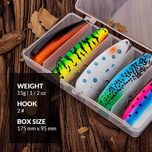 THKFISH 5pcs Saltwater Fishing Lures, Fishing Spoons with Durable Treble Hooks, Jigs Lure for Tuna Salmon Grouper, Sea Fish Jigging Lure, Trolling Spoon for Bass Fish with Tackle Box - color: A-1/2oz-5pcs