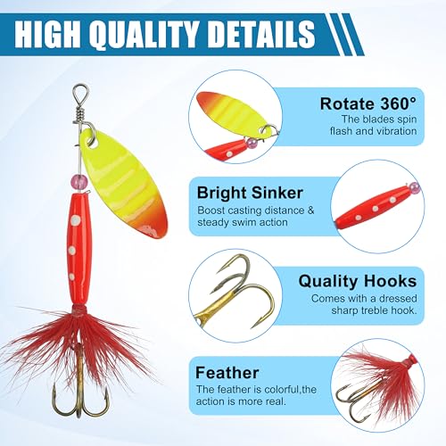 Spinner Baits Bass Lures Rooster Feather Tail Fishing Lures Trout Lures Hard Metal Inline Spinnerbaits for Bass Trout Pike Walleye Salmon with Tackle Box - style: B-5pcs-3"-0.27oz