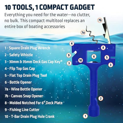 Boat Gadget 10-in-1 Boat Tool - Must-Have Boat Accessory with Gas Cap Key, Fishing Line Cutter, Bottle Opener, Whistle & More - Smart Addition to Any Boat Tool Kit for Fishing, Boating & Fun