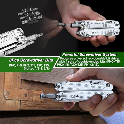 SHALL Multi Tool, 18-in-1 Multitool Pliers, Stainless Steel Multi-tool Pocket Knife w/Screwdriver Bit, Self-locking Multipurpose Tool w/Sheath for Camping Fishing Survival Hunting - size: 18-IN-1 Multitool