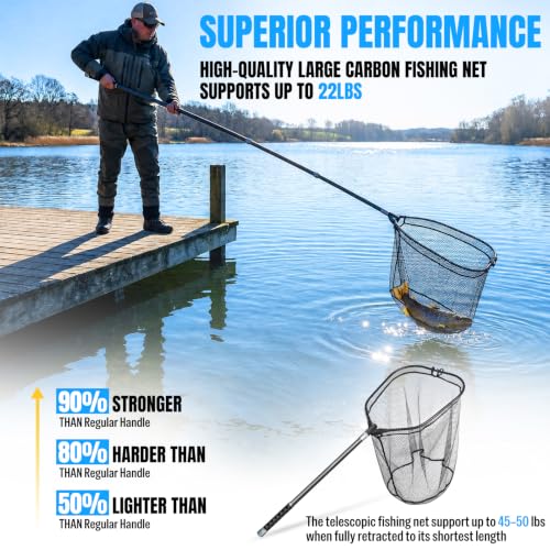 PLUSINNO Large Fishing Net, 3.4-7.7 FT Carbon Fiber Fish Net with Long Telescoping Handle, Kayak Fishing Gear Accessories Foldable Landing Net for Bass, Trout, Catfish, Fishing Gifts for Men Father - size: 3.4 FT (41.3") Not Extendable