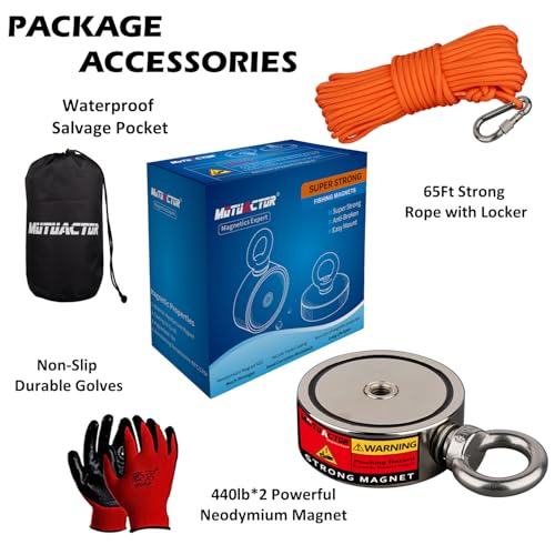 MUTUACTOR Neodymium Fishing Magnet,Φ2.63'' Combined 1100lbs Double Sided Strong Fishing Magnet Heavy Duty with 65Ft Salvage Rope,Gloves,Waterproof Bag for Retrieving Tools Find Treasure - style: 1100lb Magnet(Double Sided)--Φ 2.63"