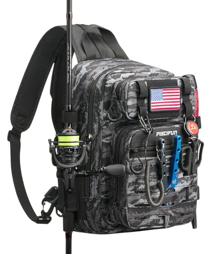 Piscifun Fishing Backpack Tackle Bag with 2 Rod Holders, Multi-Compartment Storage, MOLLE System, Water-Resistant Lightweight Outdoor Pack - color: Double Shoulder - Black Camouflage, style: Standard