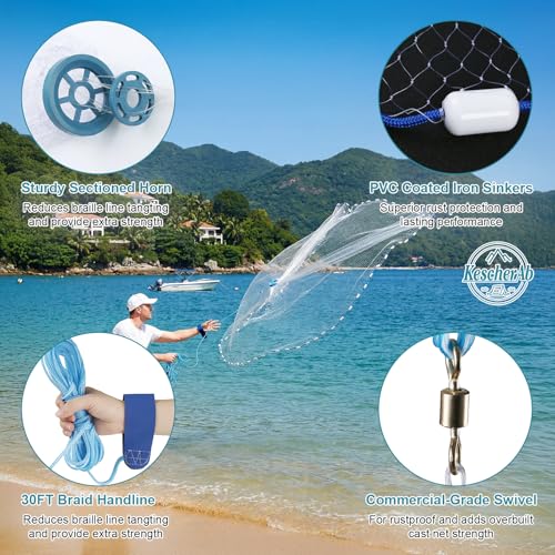 Cast Net 3ft-8ft Radius American Monofilament Fishing Net 3/8 Mesh Fish Throw Net for Bait Trap, Casting Net with Heavy Duty Sinker, Professional Grade Saltwater Bait Fish - size: 5ft Radius
