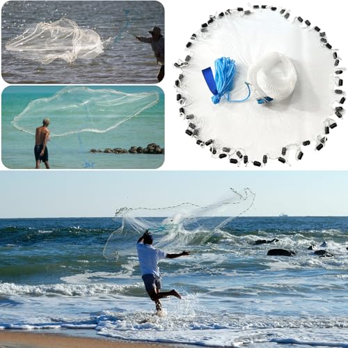 Fishing Cast Net Saltwater Casting Net 3/8 Mesh with Heavy Duty Black Weights Monofilament Throw Nets for Fishing Bait with Bag 4FT 5FT 6FT 8FT 10FT 12FT Radius - size: 3/8 Mesh, 12Ft