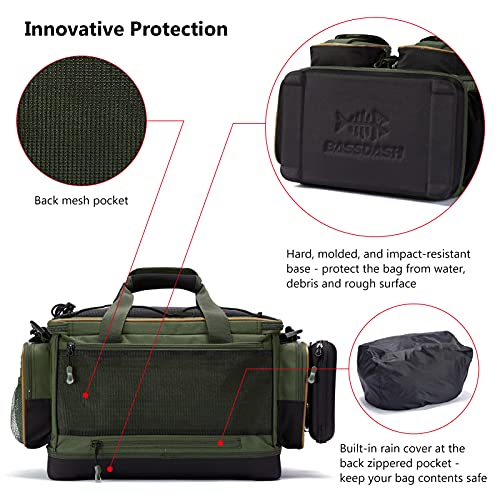 BASSDASH Fishing Tackle Shoulder Bag Water Resistant Lightweight Gear Storage Pack with Hard Molded Bottom Rain Cover