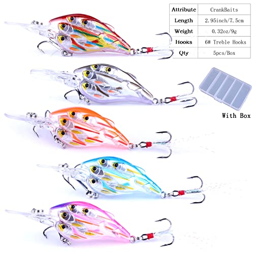 CrankBaits Fishing Lures CrankBait of Bass,Topwater Lures for Freshwater and Saltwater Shallow Water Deep Diving Swimbait,Topwater Bait for Trout Bass Fishing Lure,5pcs/Box