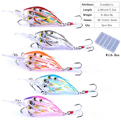 CrankBaits Fishing Lures CrankBait of Bass,Topwater Lures for Freshwater and Saltwater Shallow Water Deep Diving Swimbait,Topwater Bait for Trout Bass Fishing Lure,5pcs/Box