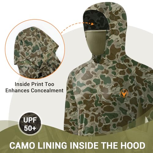Palmyth Hunting Hoodie with Mask for Men Sun Protection Camo Fishing Shirts | UPF 50+, Mask Neck Gaiter, Quick Dry, 2 Zipper Pockets, Side Mesh Vent, Thumb Loops, Moisture Wicking, Stretchy, Breathable - color: Dotshade Antler, size: Medium