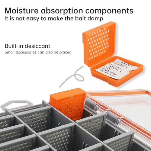 Conskyee Waterproof Fishing Tackle Box, Clear Terminal Tackle Storage Organizer with Removable Dividers, Portable Fishing Lure Box Bait Vault (Orange, S)