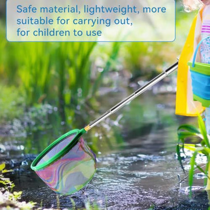 2PCS Fishing Net with Bucket, Telescopic Fishing Landing Net, Collapsible Youth Sand Bucket, Youth Fish Butterfly Catching for Freshwater Saltwater Outdoor Activities - color: Orange + Green
