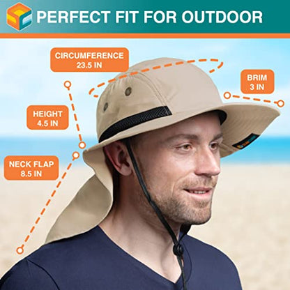 SUN CUBE UPF50+ Sun Hat for Men Women with Neck Flap, Wide Brim UV Protection Fishing Safari Hat for Hiking Beach Gardening - color: Tan