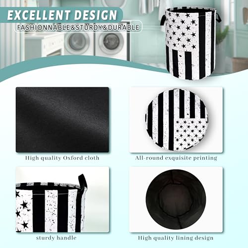 Retro Black and White American Flag Laundry Hamper USA Flag Laundry Basket With Handles Foldable Oxford Cloth Funny Tote Bag Clothes Toy Storage Bucket 18.9 x 16.5 Inch For Bathroom/Laundry/Bedroom - color: Retro Black and White American Flag