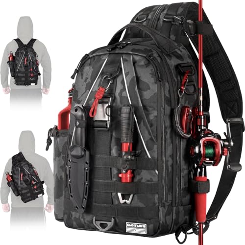 Ghosthorn Fishing Backpack with Tackle Boxes Fish Lip Gripper Pliers Lures Waterproof Tackle Bag with Rod Holder Fishing Gear - color: Black Camouflage, size: Large