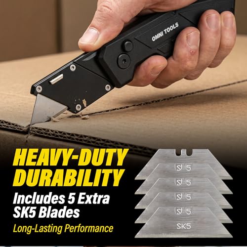 Heavy Duty Folding Utility Knife with 5 Replacement Blades, Quick Change Razor Box Cutter, Ergonomic Handle, Portable Pocket Cutter for Cardboard, Drywall, Plastic, Rope, Carpet and DIY Projects - color: Mat Black