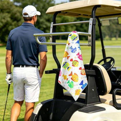 Fish 2 Pack Waffle Pattern Golf Towels, 17.7"x17.7" Square Golf Towel with Carabiner Clip and Magnetic Snap for Cleaning Golf Ball, Club
