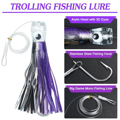 Saltwater Fishing Lures 6/9inch Trolling Lures for Marlin Mahi Tuna Dolphin Shark Big Game Deep Sea Fishing Baits Squid Skirts Rigged Hooks Ocean Gear Tackle - color: Purple-1pcs, size: 6inch