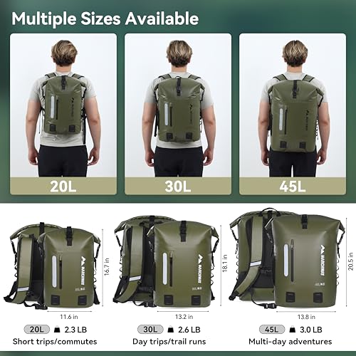 MARCHWAY Roll Top Waterproof Backpack, Floating Dry Bag 20L/30L/45L with Ergonomic Rectangular Base, Cushioned Back, Hip Strap for Hiking Camping Kayaking Travel (Army Green, 45L) - color: Army Green, size: 45L