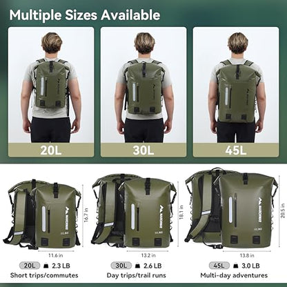 MARCHWAY Roll Top Waterproof Backpack, Floating Dry Bag 20L/30L/45L with Ergonomic Rectangular Base, Cushioned Back, Hip Strap for Hiking Camping Kayaking Travel (Army Green, 30L) - color: Army Green, size: 30L