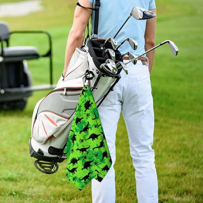 Cute Dinosaurs Golf Towel for Golf's Bags Carts Dinosaur Paws Pattern Golf Towels with Clip Paw Print Waffle Towels Cartoon Green Cleaning Cloth 2 Packs for Men Golfer, Birthday Present - color: Green Black