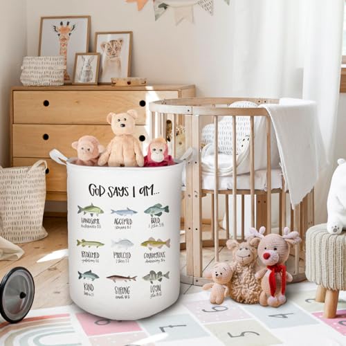 God Says I Am Fish Laundry Basket, Toybox for Boys Room, Christian Laundry Basket Hamper Waterproof Collapsible Clothes Toys Storage Bin Organizer for Bedroom Bathroom Kids Room Dorm
