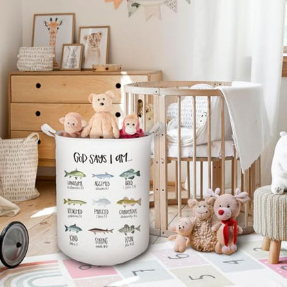 God Says I Am Fish Laundry Basket, Toybox for Boys Room, Christian Laundry Basket Hamper Waterproof Collapsible Clothes Toys Storage Bin Organizer for Bedroom Bathroom Kids Room Dorm