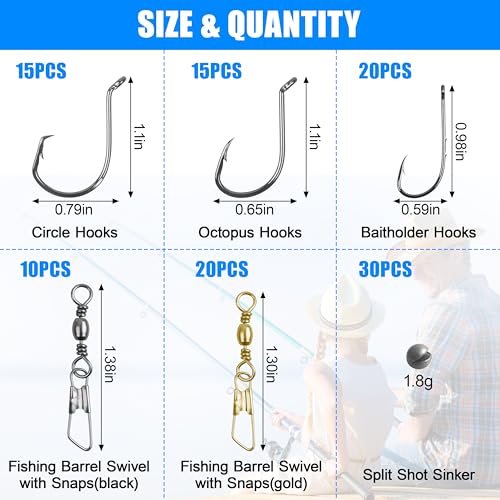 Fishing Hooks and Sinkers Assortment 110pcs Snap Swivels Octopus Circle Hooks Sinkers Bobbers Assortment Fishing Terminal Tackle Starter Kit