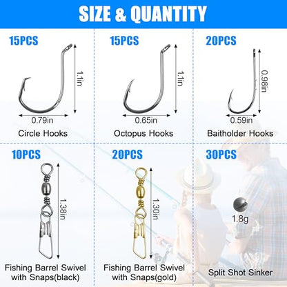 Fishing Hooks and Sinkers Assortment 110pcs Snap Swivels Octopus Circle Hooks Sinkers Bobbers Assortment Fishing Terminal Tackle Starter Kit