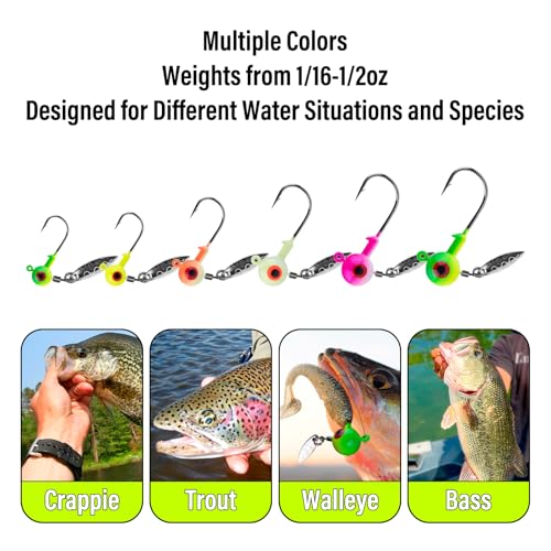 Dr.Fish 10 Pack Underspin Jigs Heads Freshwater Fishing Jig Spinner Stand up Swimbait Bass Walleye Fishing Hooks Willow Blade Round Bottom - color: Glow White, size: 1/16oz