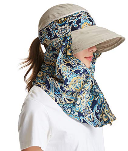 icolor Women Sun Hat UPF 50+ Sun Protection Hat Summer Outdoor Neck Shield Flap Visor Hat Ponytail Hats Wide Brim Beach Hat - color: Brown