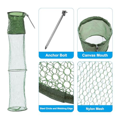 PATIKIL Fishing Cage Basket, Collapsible Fishing Net Nylon Fishing Bait Mesh with Anchor Bolt for Crayfish Minnows Shrimps
