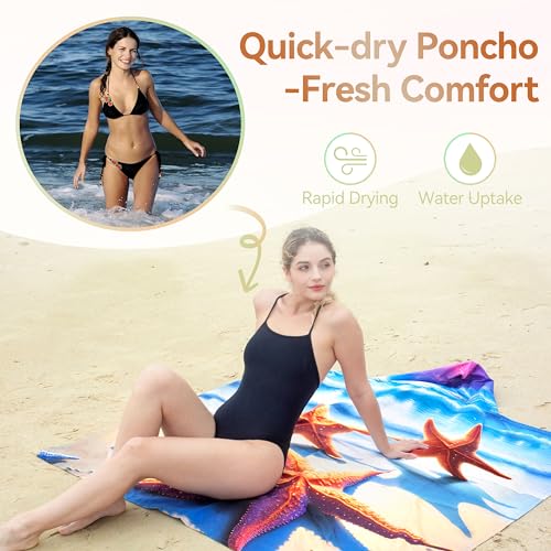 Catalonia Hooded Towel for Adults, Quick-Dry Beach Poncho with Hood, Sand-Free Summer Gift - color: Starfish