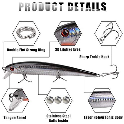 Bass Fishing Lures Kit, Minnow CrankBait VIB Pencil Popper Sinking Wobbler Hard Bait Lures for Bass Trout Walleye Redfish Freshwater Saltwater - color: Combo G-6pcs