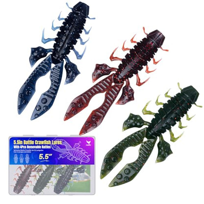Crawfish Lure 5.5", Soft Plastic Crawdad Creature Bait with Rattles, Weedless Bass Fishing Lure, Realistic Fishing Lures for Freshwater & Saltwater, 3 Pack Red Green Blue - color: Red, Blue, Green (box)