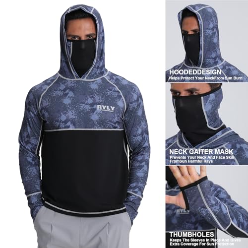 Men's Performance Fishing Shirts,Sun Protection Hoodie Long Sleeve UPF 50+ Hiking Shirt with Mask Cap - color: Dark Blue, size: Small