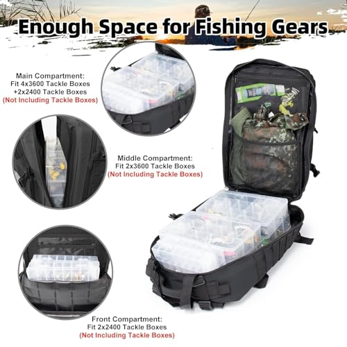 TBNBO 45l Large Fishing Tackle Backpack with Removable Plier Holder & Rod Holders, Fishing Gear and Tackle Box Organizer, Hiking Rucksack without Tackle Box,Black Tactical Bag - color: Black