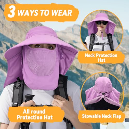 Sun Hats for Men Women Detachable Face Cover Wide Brim Fishing Hats with Neck Flap UPF 50+ Outdoor Safari Hats - color: Purple