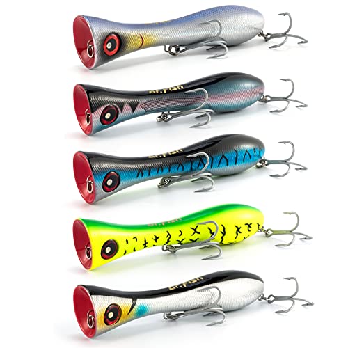 Dr.Fish Popper Saltwater Fishing Lures, 8 Inches GT Popper VMC Treble Hooks Surf Fishing Lures for Striper Tuna Barracuda Mackerel Snapper Bluefish Pencil Plugs Offshore - color: Chrome Black, Chrome Blue, Blue, Chartreuse, Blue Amberjack-5 Pack