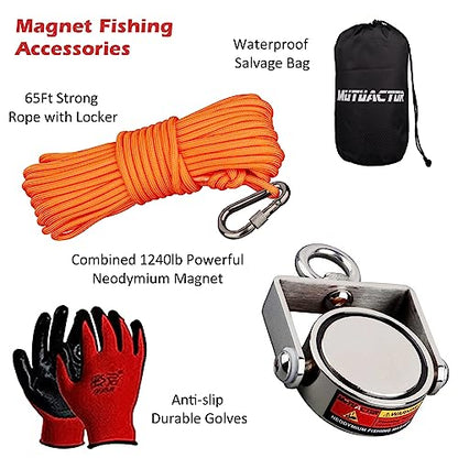 MUTUACTOR Fishing Magnet Kit,Combined 1360lb Strong Rotatable Magnet Fishing Heavy Duty,Φ2.91''Permanent Neodymium Rare Earth Magnets with 65Ft Salvage Rope,Gloves for Retrieving Treasures - style: 1360lb Swivel Magnet (Double Sided)--Φ 2.91"