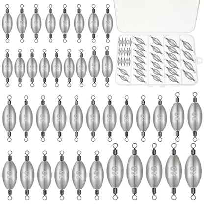 Polsefve Inline Trolling Fishing Weights with Inner Swivels, Oval Drop Casting Sinkers Lead Sinker Tackle for Catfish Bass Saltwater & Freshwater Bottom Fish(10g/15g/20g/30g/40g/60g) - color: 3/8oz-2oz 40pcs