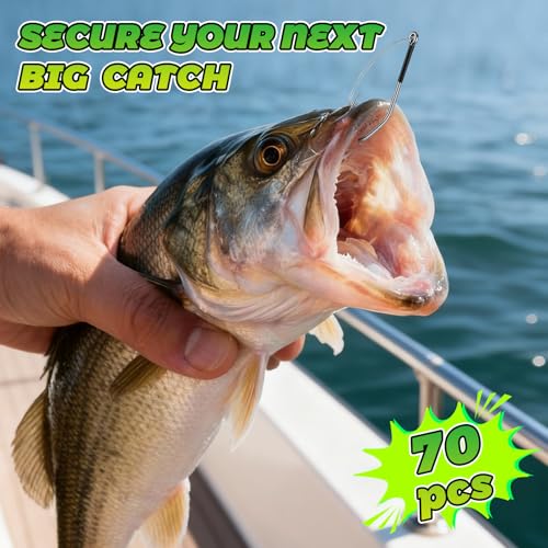 70 Pcs Weedless Wacky Rig Hooks Professional V Bass Fishing Worm Hooks Carbon Steel Fishing Lure Baits for Freshwater Saltwater - size: 1/0